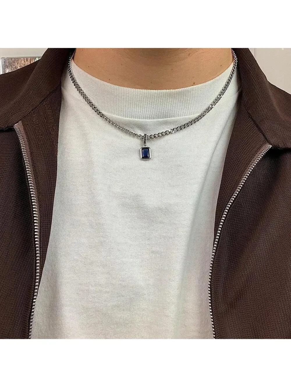 Sterling silver blue jewel pendant Cuban link choker necklace. Chain is unisex.